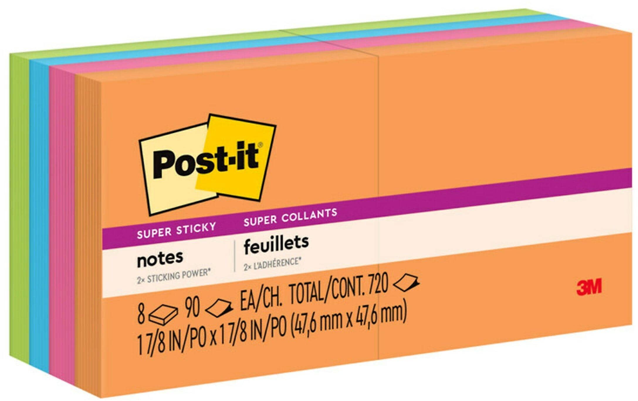 Post-it Super Sticky Notes, 2" x 2", Energy Boost Collection, 90 Sheet/Pad, 8 Pads/Pack (6228SSAU)