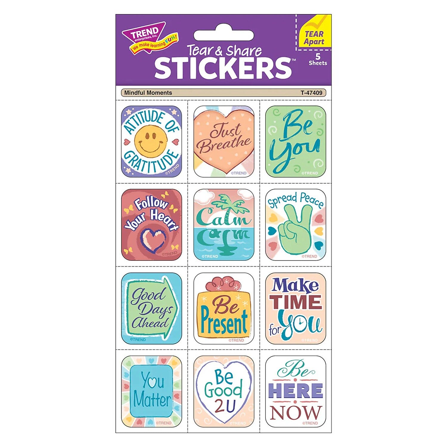 Trend Enterprises Mindful Moments Tear & Share Stickers, Multicolored, 60/Pack, 6/Packs/Bundle (T-47409-6)