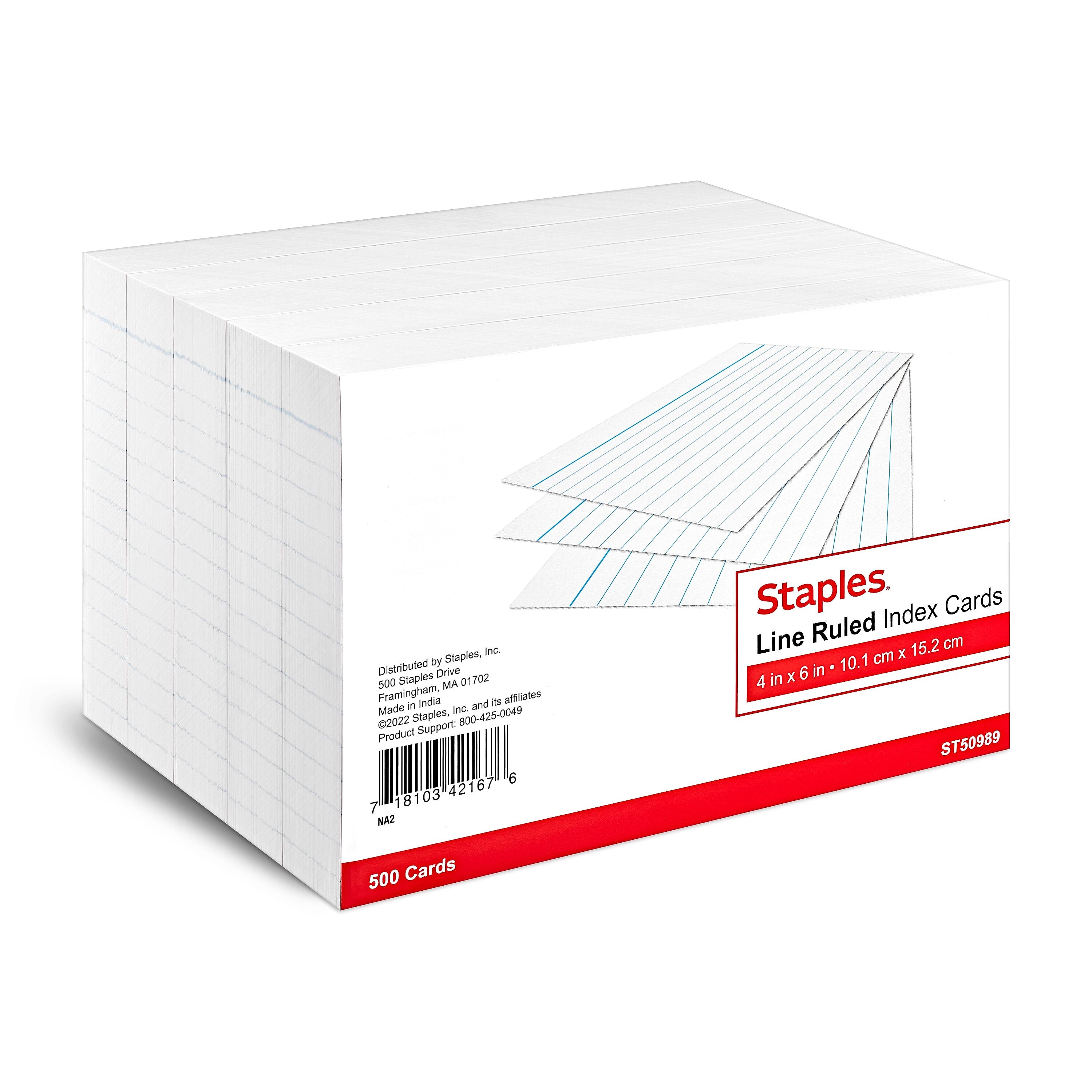 Staples 4" x 6" Index Cards, Lined, White, 500/Pack (TR50989)