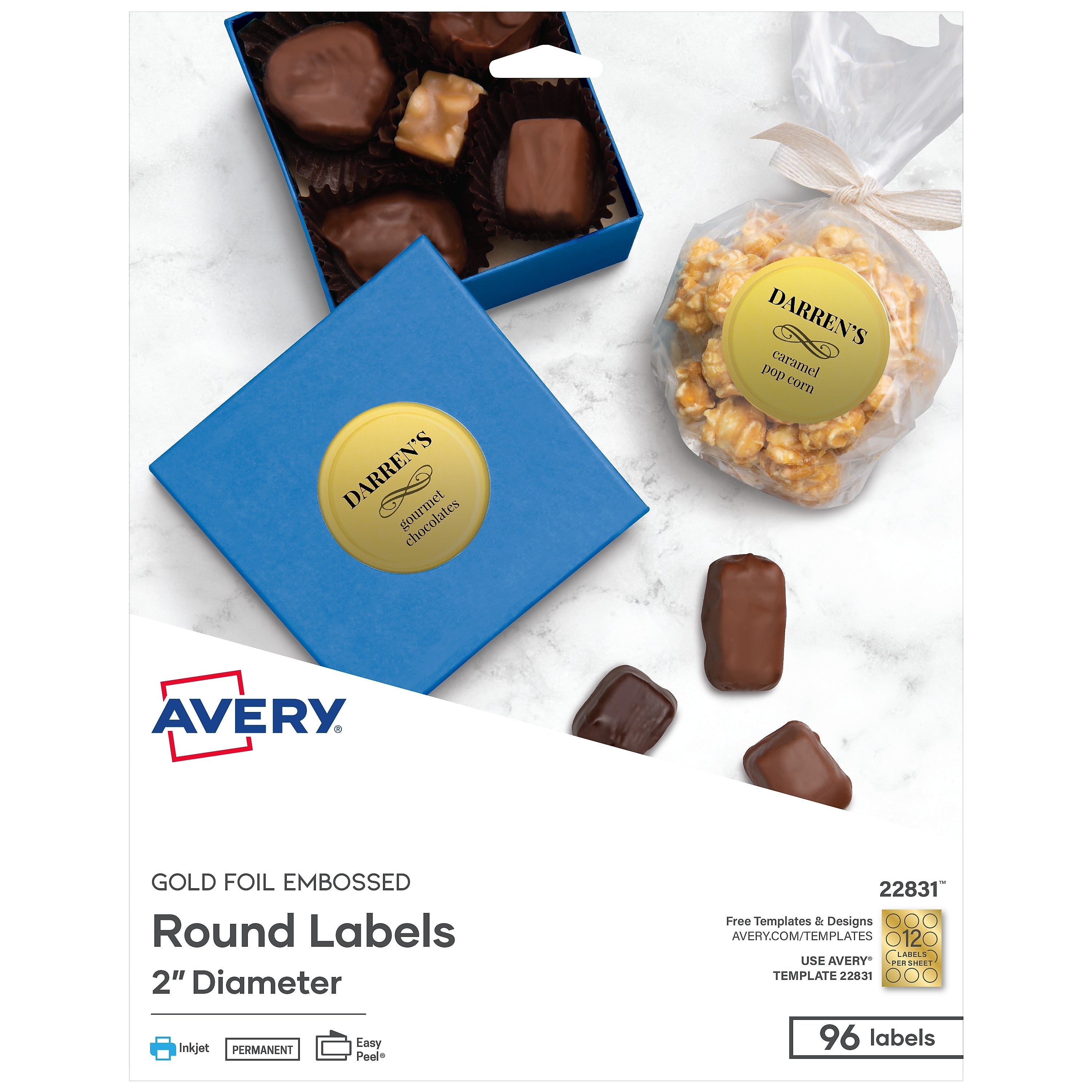 Avery Easy Peel Inkjet Embossed Foil Round Labels, 2" Dia, Gold, 96 Labels/Pack (22831)