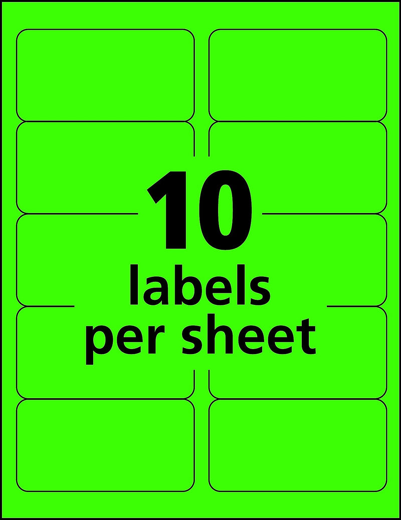 Avery Sure Feed Laser Shipping Labels, 2"x 4", Neon Green, 10 Labels/Sheet, 100 Sheets/Box (5976)
