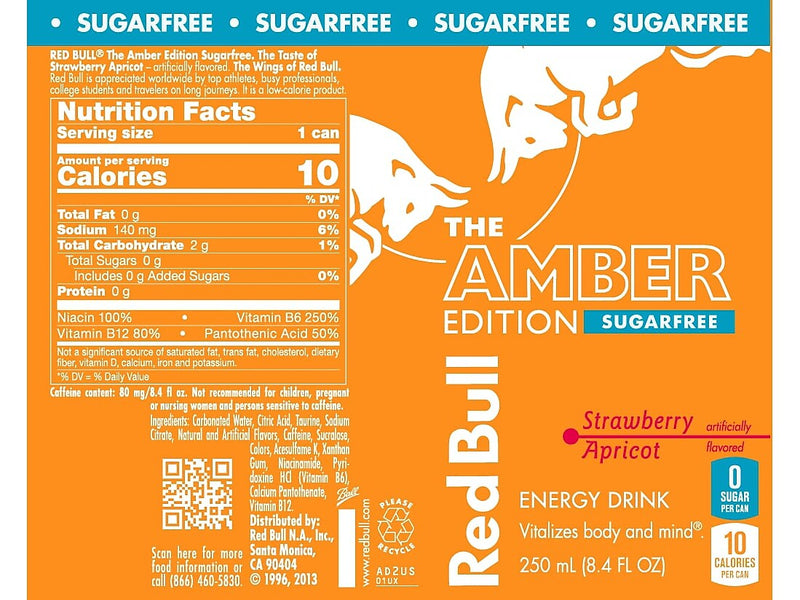 Red Bull Amber Edition Sugar-Free Strawberry Apricot Energy Drink, 8.4 oz., 24 Cans/Carton (RB243204)