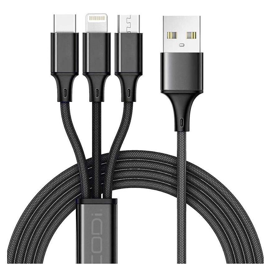 CODi Multi-Charging Braided USB-A Cable with USB-C/Micro USB/Lightning Connectors, Black (A10168)