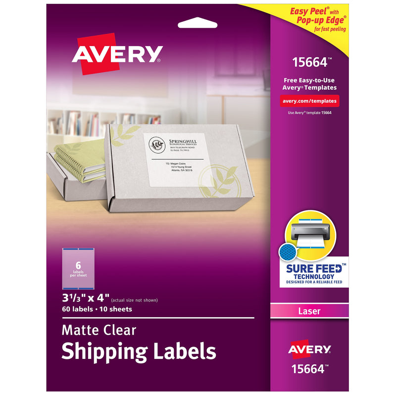 Avery Easy Peel Laser Shipping Labels, 3-1/3" x 4", Clear, 60 Labels/Pack (15664)