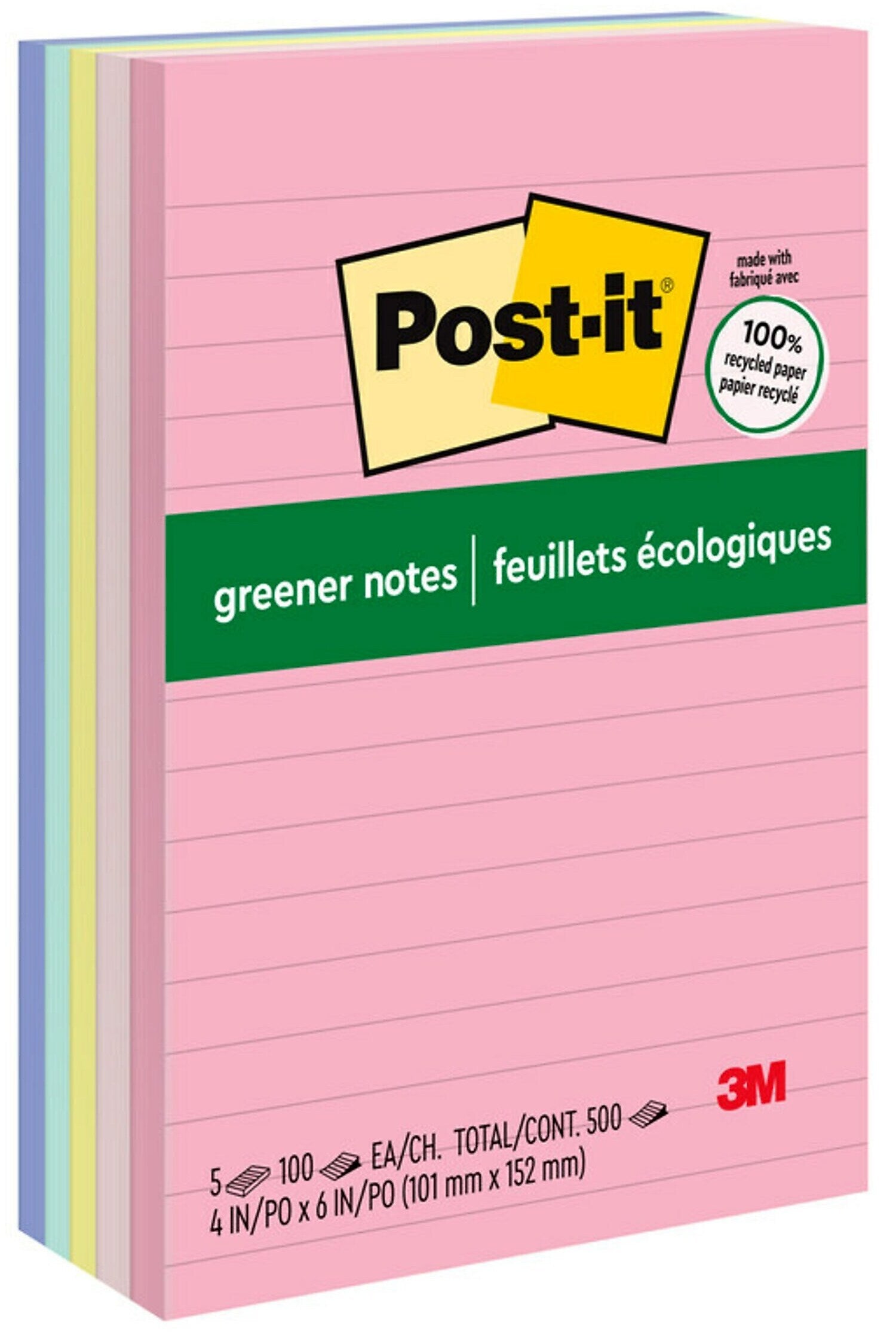 Post-it Greener Recycled Notes, 4" x 6", Sweet Sprinkles Collection, Lined, 100 Sheet/Pad, 5 Pads/Pack (6605PKRPA)