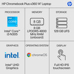 HP Chromebook Plus x360 14" FHD, Intel Core i3-N305, 8GB RAM, 128GB UFS, 10.25 Hour Battery, Chrome OS