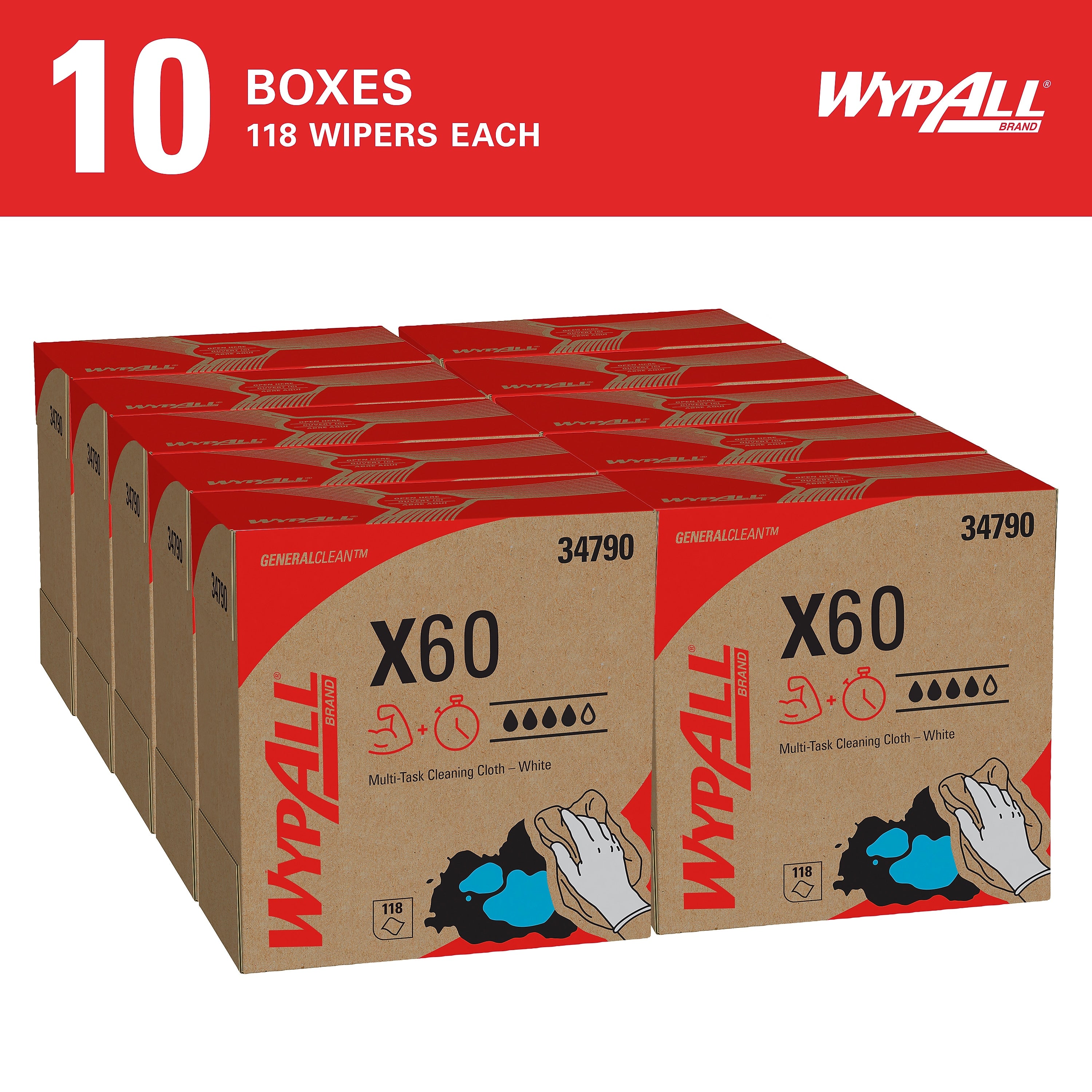 WypAll GeneralClean X60 Fabric Cleaning Wipers, 16.8" x 9.1", White, 118 Wipers/Box, 10/Carton (34790)