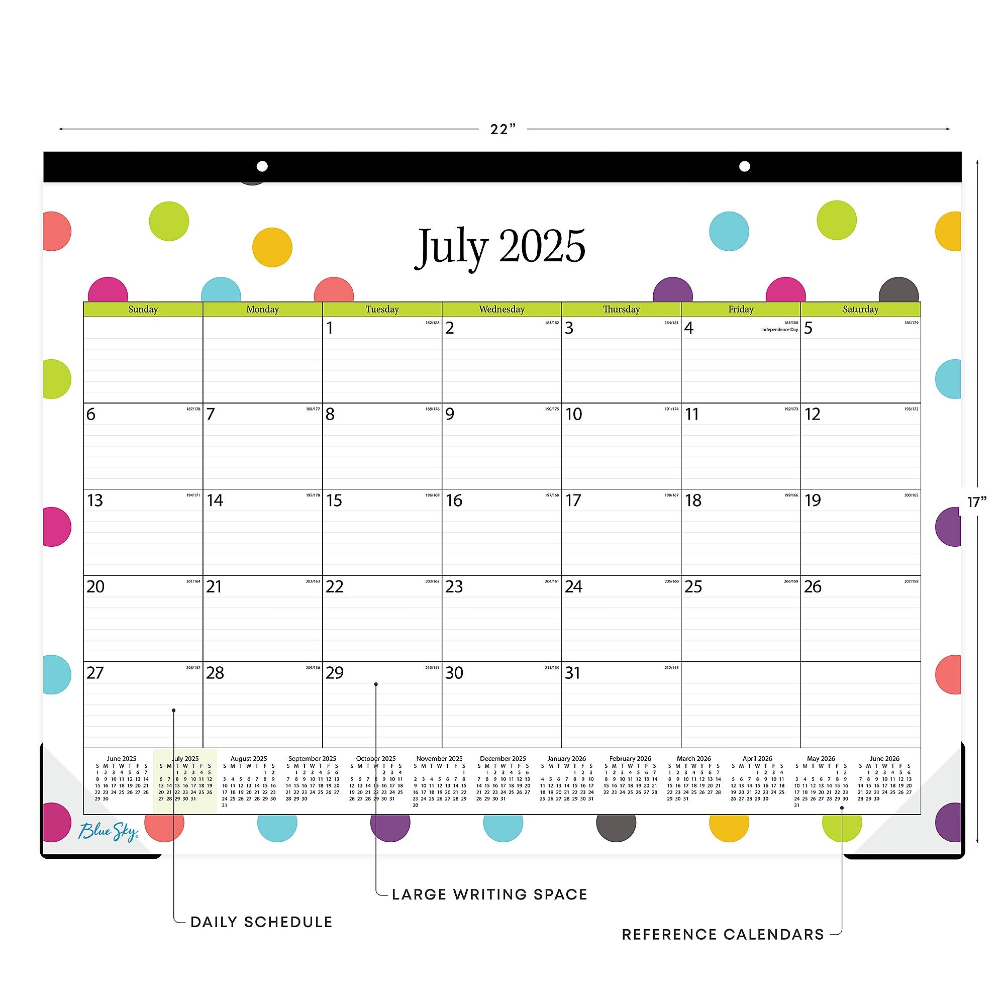 2025-2026 Blue Sky Teacher Dots 22" x 17" Academic Monthly Wall Calendar (105496-A26)