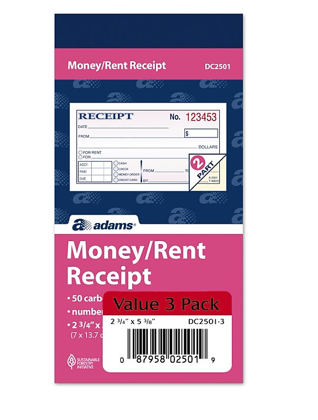 Adams 2-Part Carbonless Receipt Book, 5.38" x 2.75", White/Canary, 50 Sheets/Pad (DC2501)