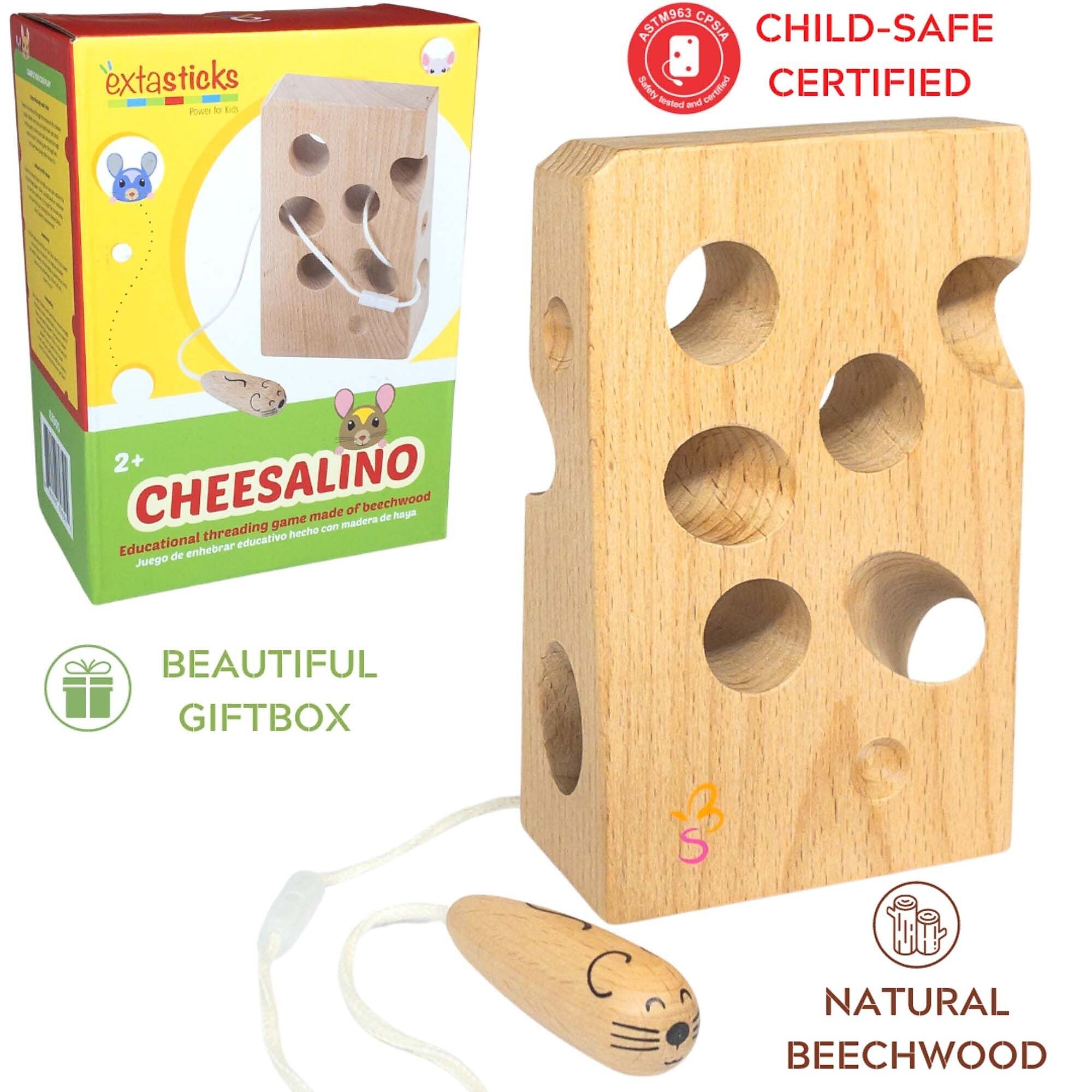 Extasticks Cheesalino Wooden Lacing Cheese and Mouse Toy (EXAE3305)