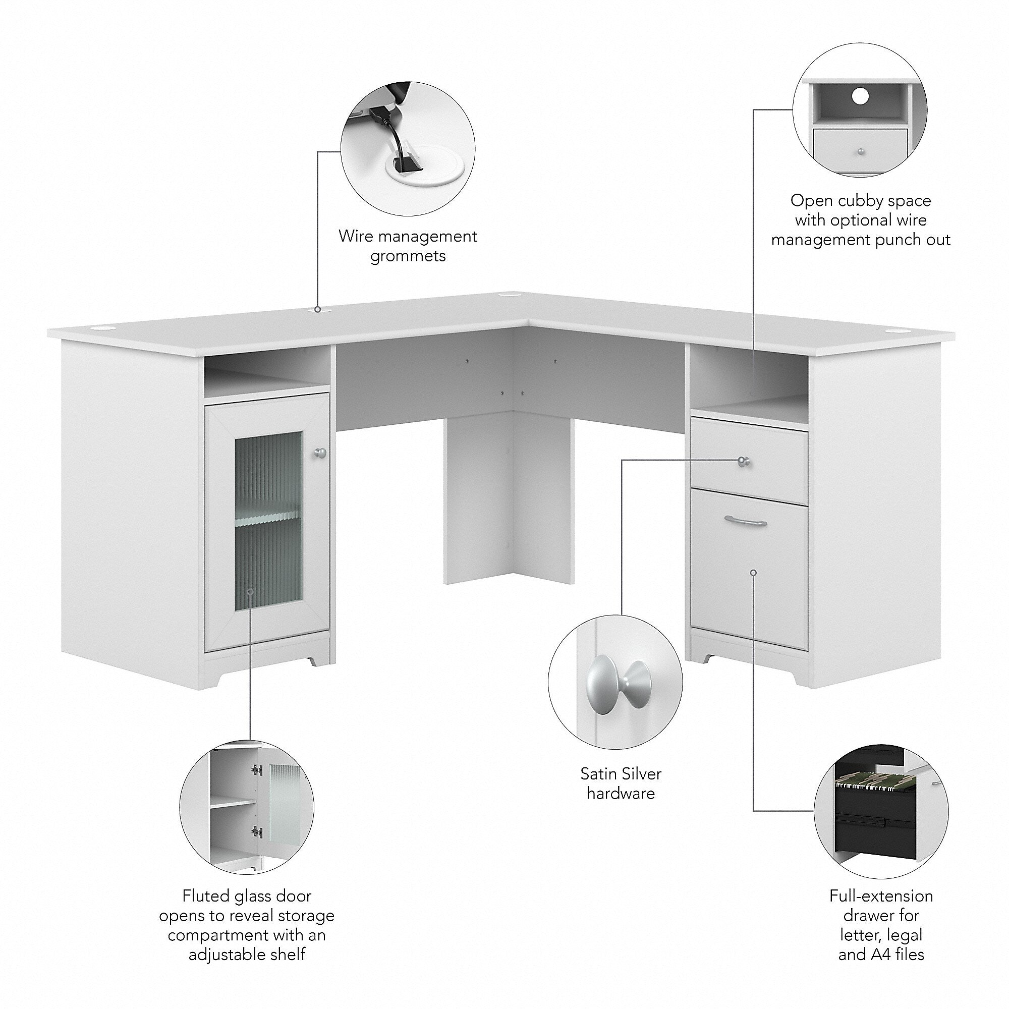 Bush Furniture Cabot 60"W L Shaped Computer Desk with Storage, White (WC31930K)