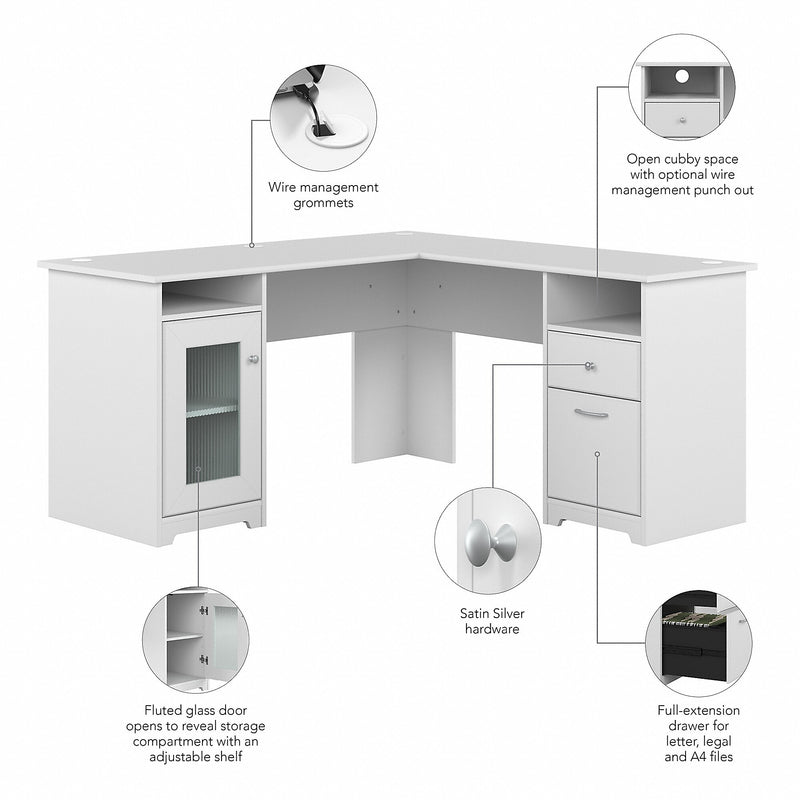 Bush Furniture Cabot 60"W L Shaped Computer Desk with Storage, White (WC31930K)