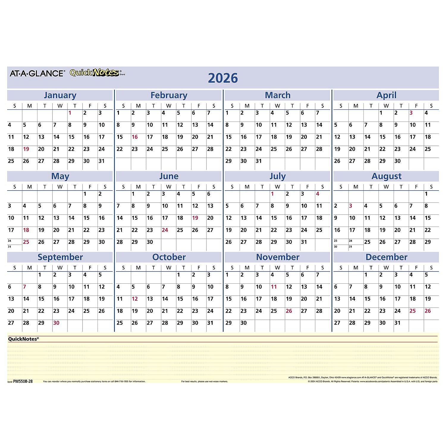 2026 AT-A-GLANCE QuickNotes 16" x 12" Yearly Dry Erase Wall Calendar, Reversible (PM550B-28-26)