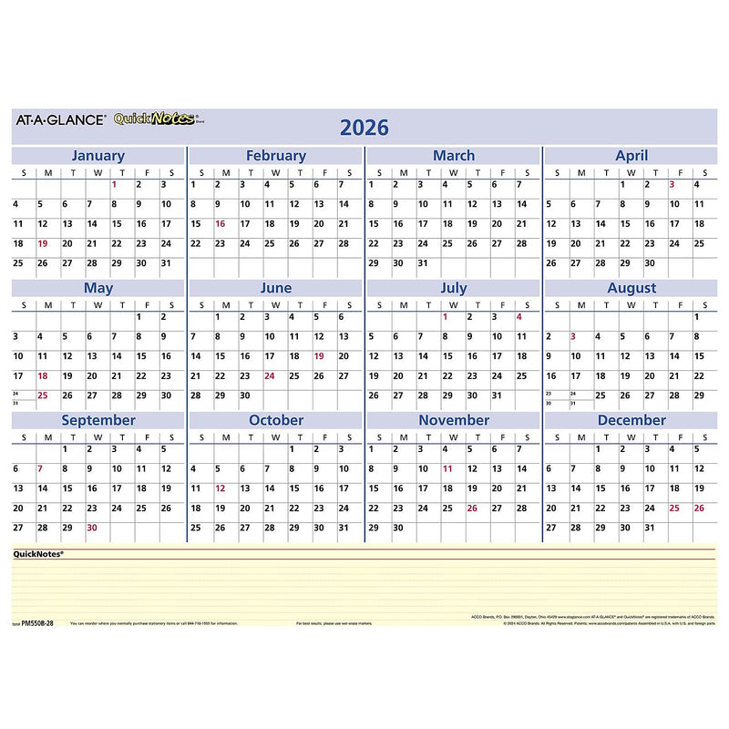 2026 AT-A-GLANCE QuickNotes 16" x 12" Yearly Dry Erase Wall Calendar, Reversible (PM550B-28-26)