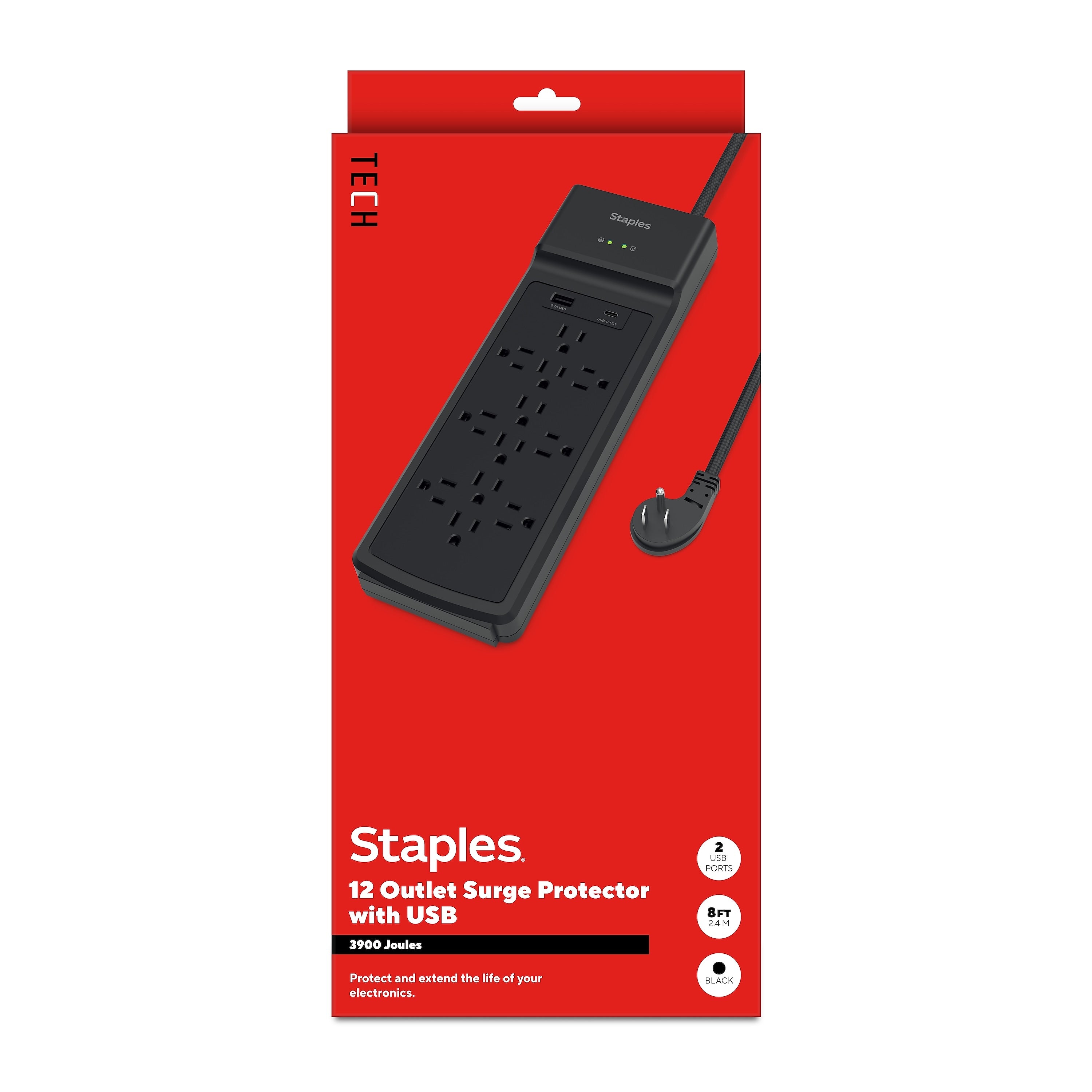 Staples TECH 12-Outlet 2-USB Port Surge Protector, 8', 3900 Joules, Black (ST62774)