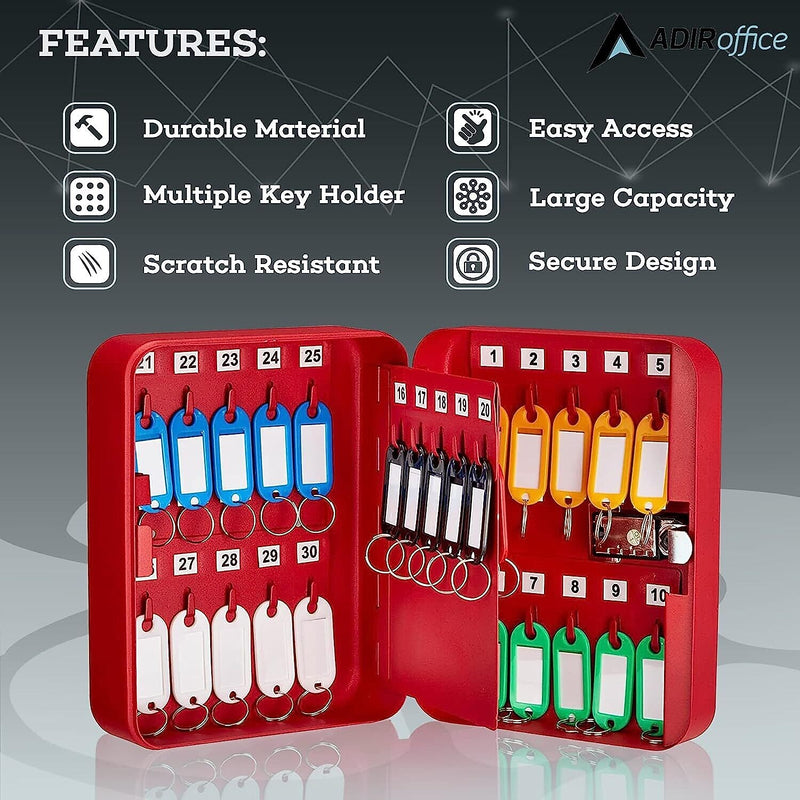 AdirOffice 30-Key Cabinet with Combination Lock and Key Tags, Red (682-30-RED-689-PKG)
