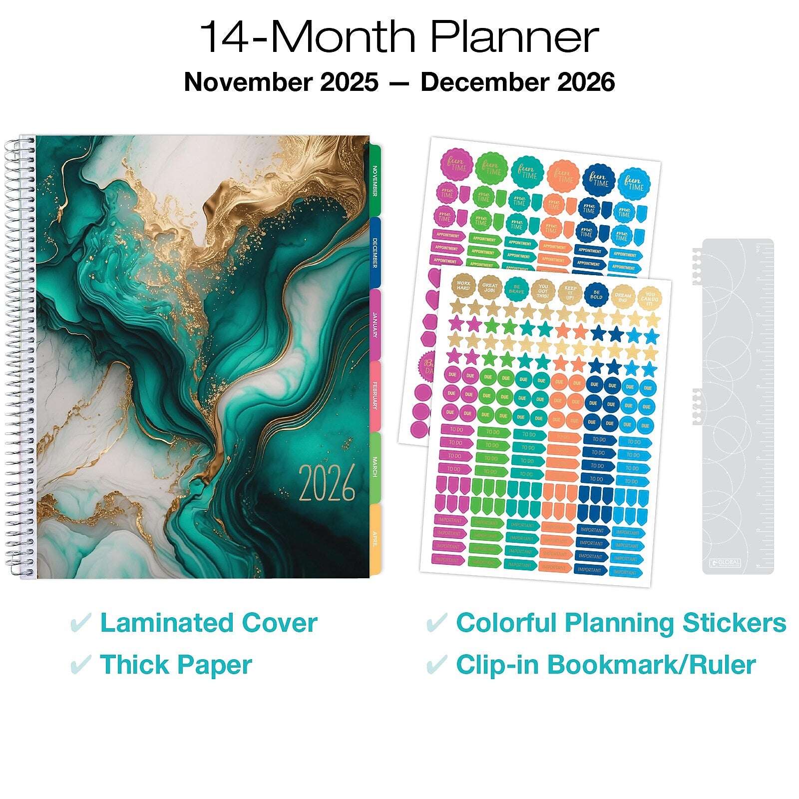 2026 Global Printed Products Teal Gold Marble 8.5" x 11" Weekly & Monthly Planner, Paperboard Cover (NRY26-LAMF-54)