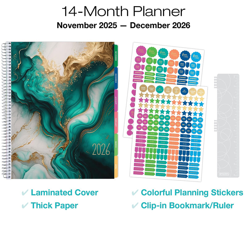 2026 Global Printed Products Teal Gold Marble 8.5" x 11" Weekly & Monthly Planner, Paperboard Cover (NRY26-LAMF-54)