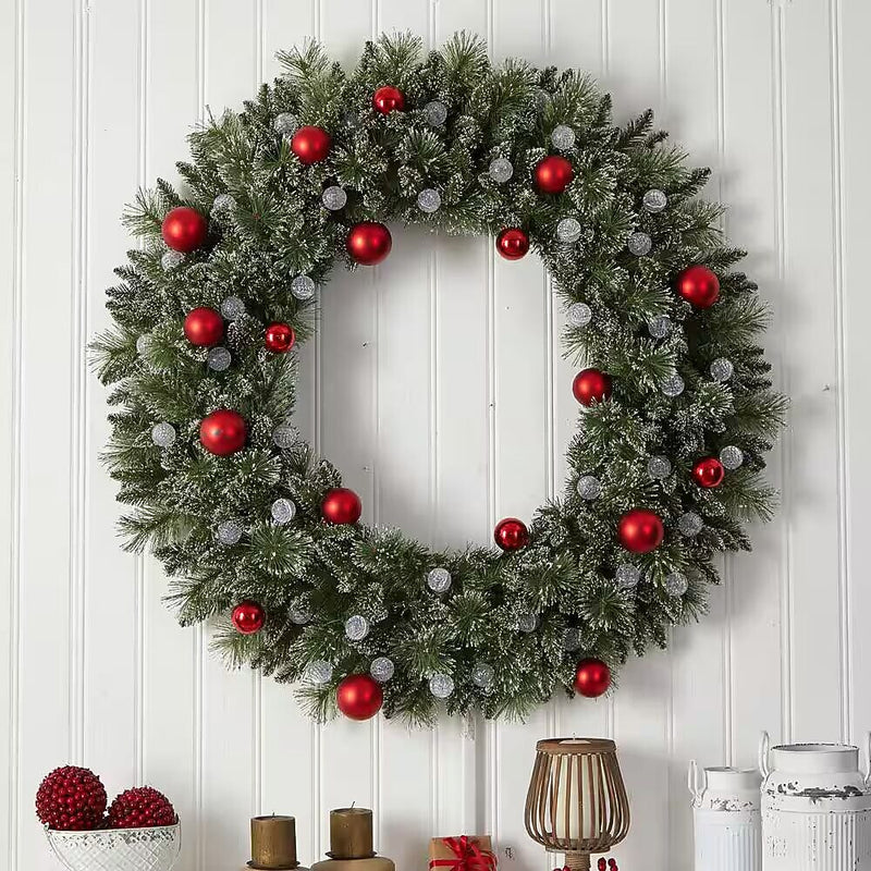 Nearly Natural 4-ft Oversized Pre-Lit Frosted Holiday Christmas Wreath with Ornaments and 40 LED Globe Lights (W1275)
