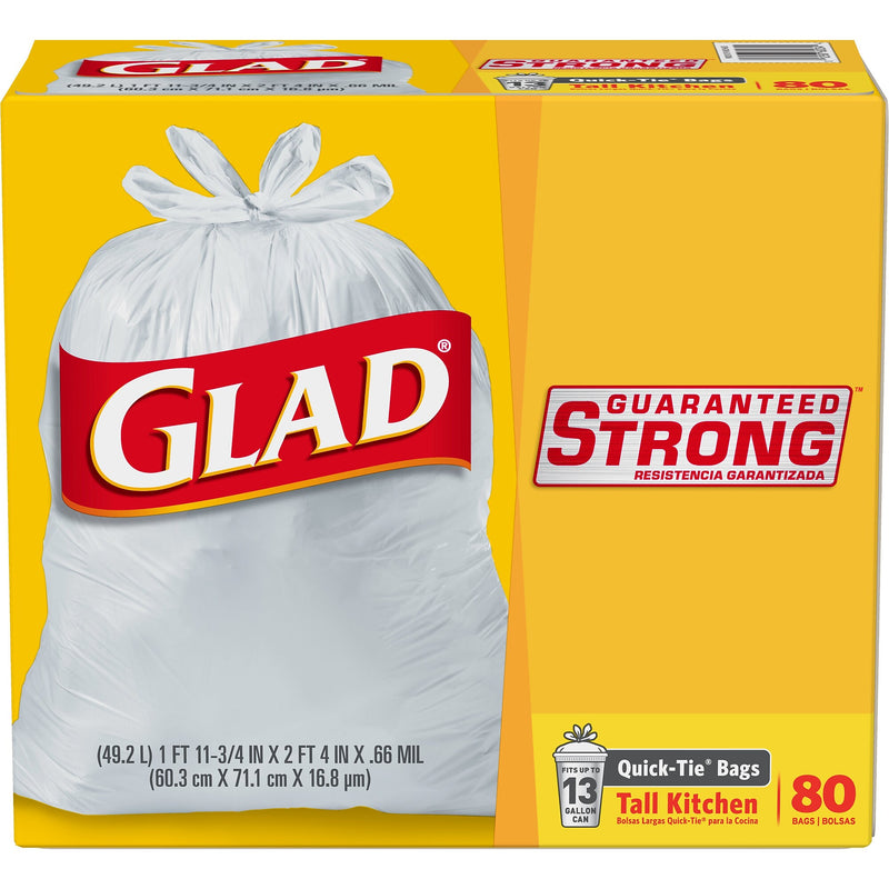 Glad Quick-Tie Tall 13 Gallon Kitchen Trash Bags, 80/Box (60034)