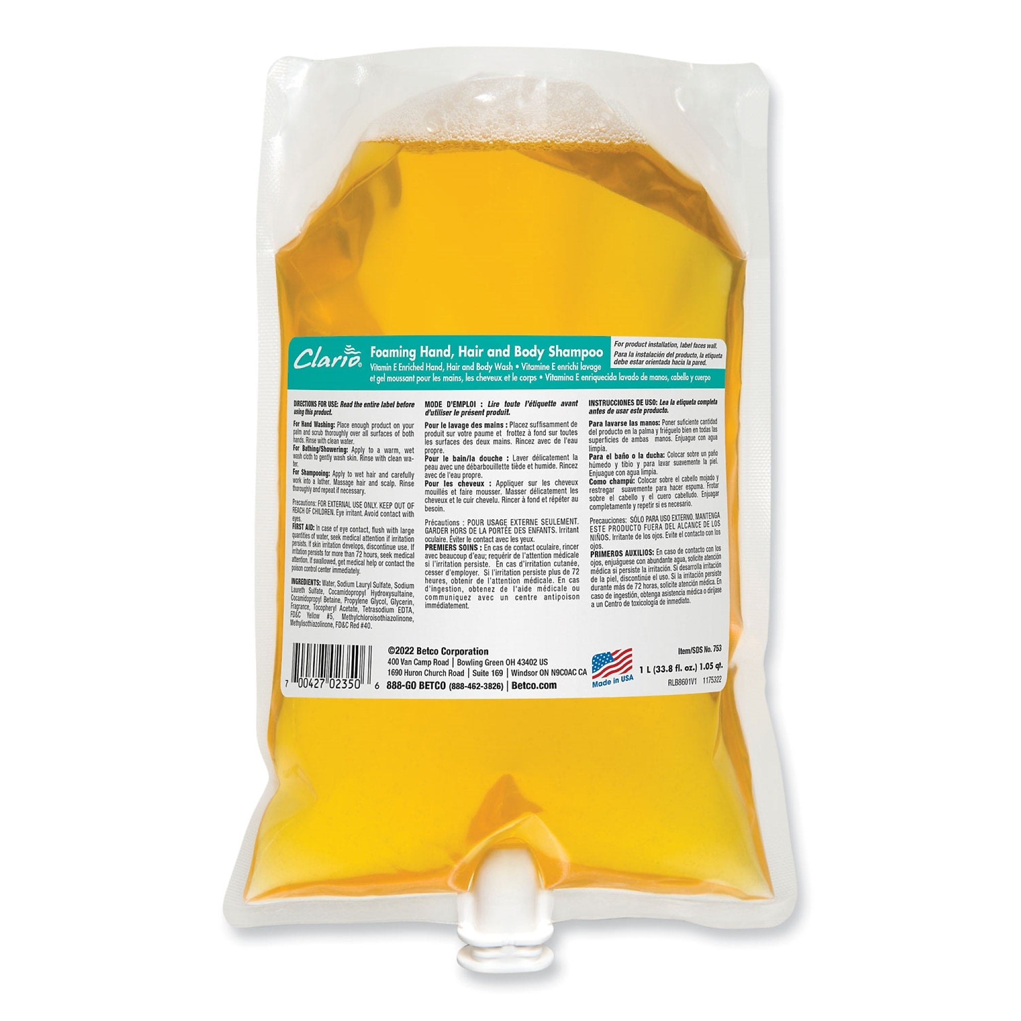 Betco Foaming Hand, Hair and Body Shampoo, Fresh, 1,000 mL, 6/Carton (BET7532900)