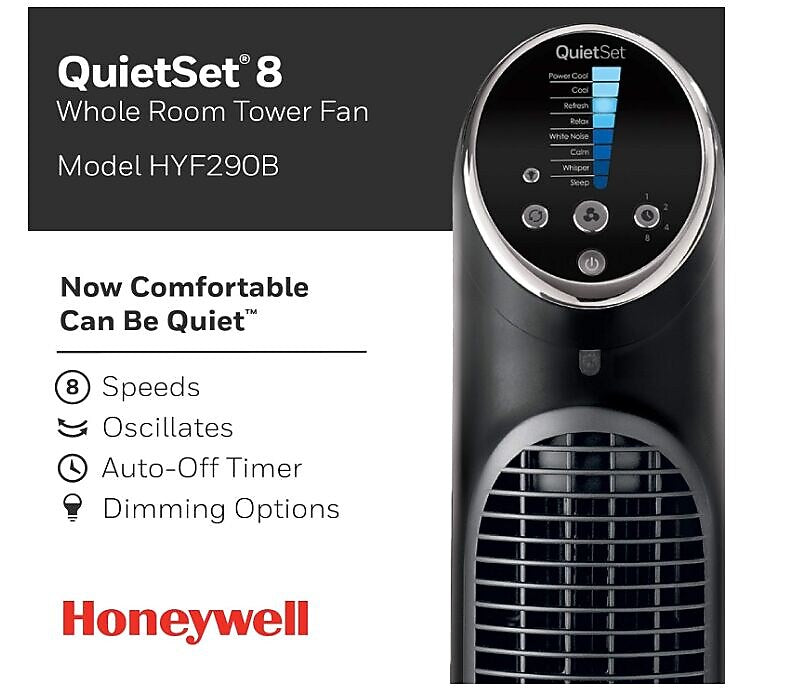 Honeywell QuietSet 32.83"H 8-Speed Oscillating Tower Fan, Black (HYF290B)