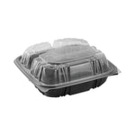 Pactiv Evergreen EarthChoice Vented Microwavable Hinged Lid Container, 3-Compartment, 33oz, Black/Clear, Plastic, 150/CT