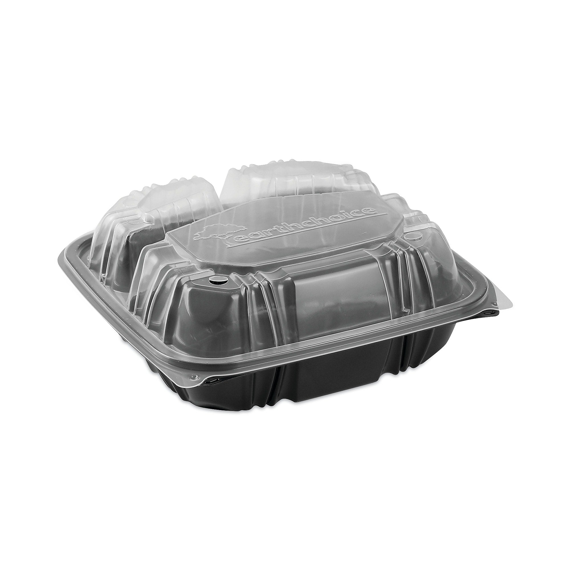 Pactiv Evergreen EarthChoice Vented Microwavable Hinged Lid Container, 3-Compartment, 33oz, Black/Clear, Plastic, 150/CT