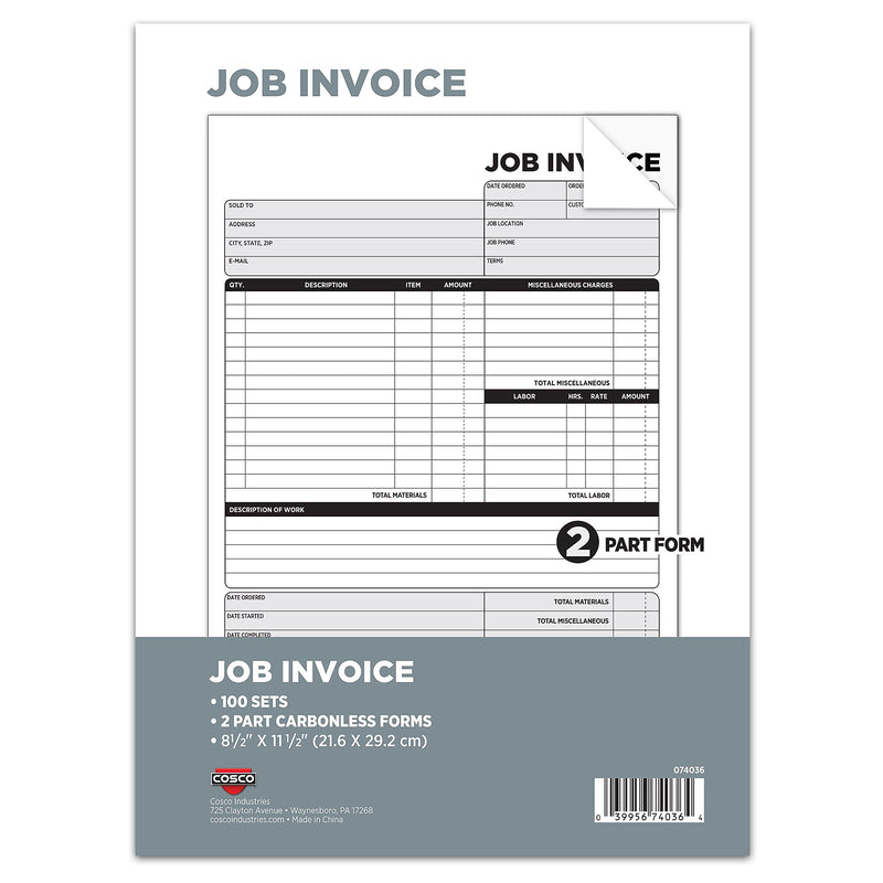 Cosco 2-Part Carbonless Job Invoice, 8.5" x 11.5", 100 Sets/Book (074036PK5)