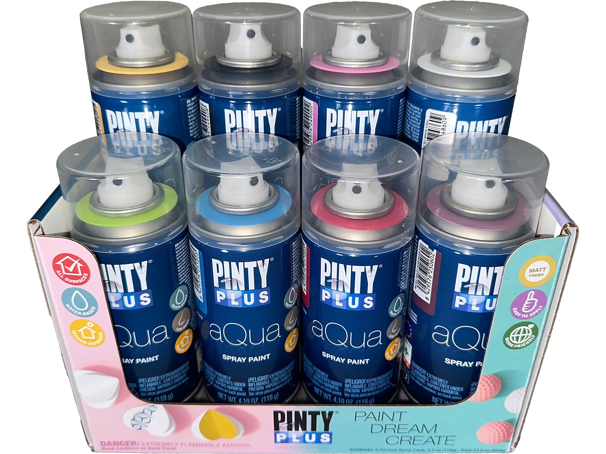 Pintyplus Aqua Water-Based Spray Paints, Assorted Colors, 4.2 Oz., 8/Pack (KTAM 312P8-RT)