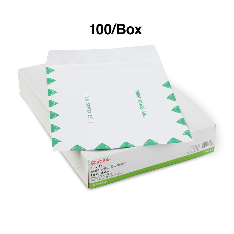 Staples First Class Self Seal #13 Envelope, 10" x 13", White with green diamond border, 100/Box (ST195032-CC)