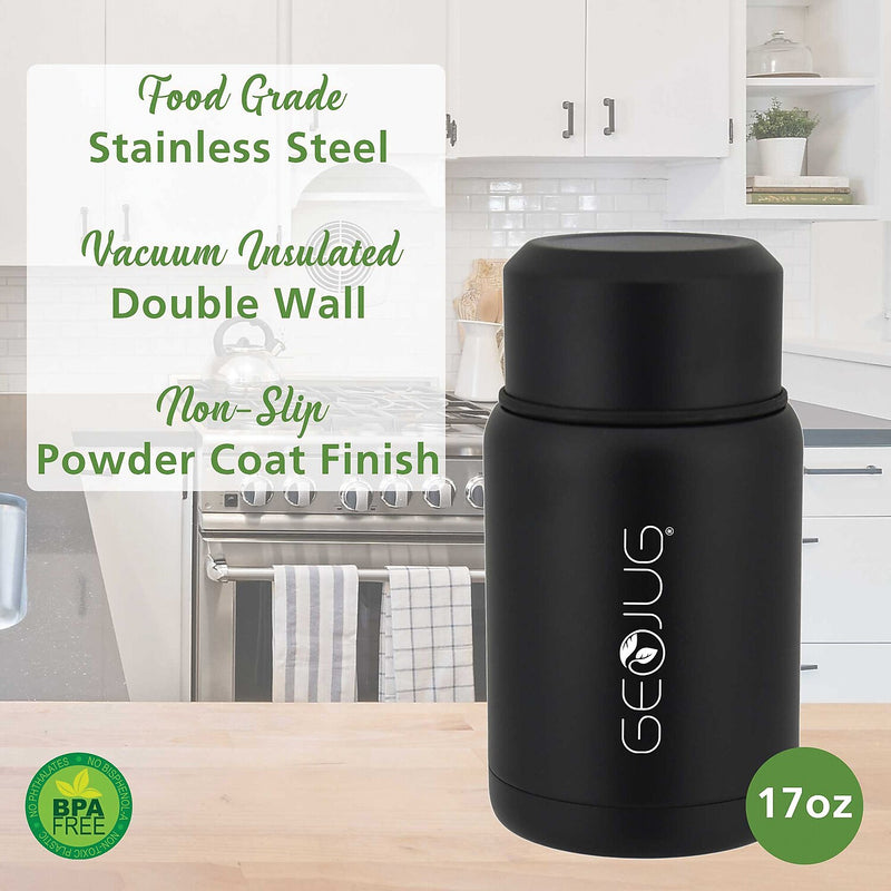 Brentwood Geojug Stainless Steel Double Walled Food Jar with Bowl & Folding Spoon, 17 oz., Black (FTS-500BK)