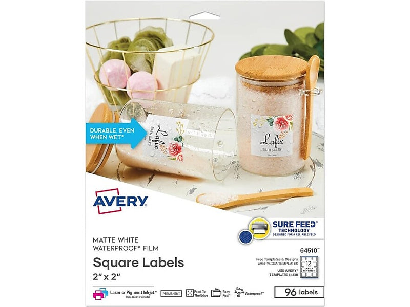Avery Waterproof Laser/Pigment-Inkjet Square Labels, 2" x 2", Glossy White, 96 Labels/Pack (64510)