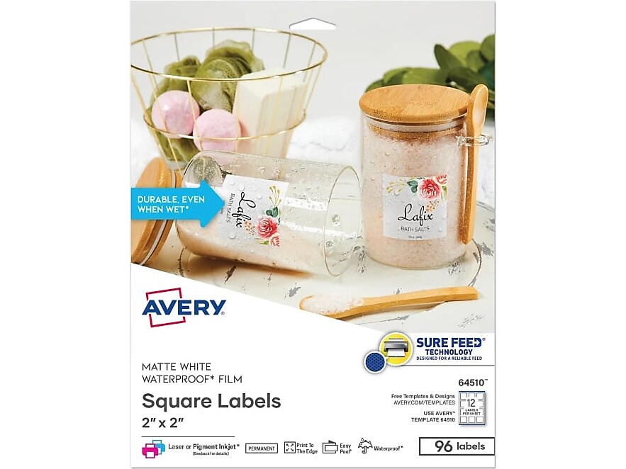 Avery Waterproof Laser/Pigment-Inkjet Square Labels, 2" x 2", Glossy White, 96 Labels/Pack (64510)
