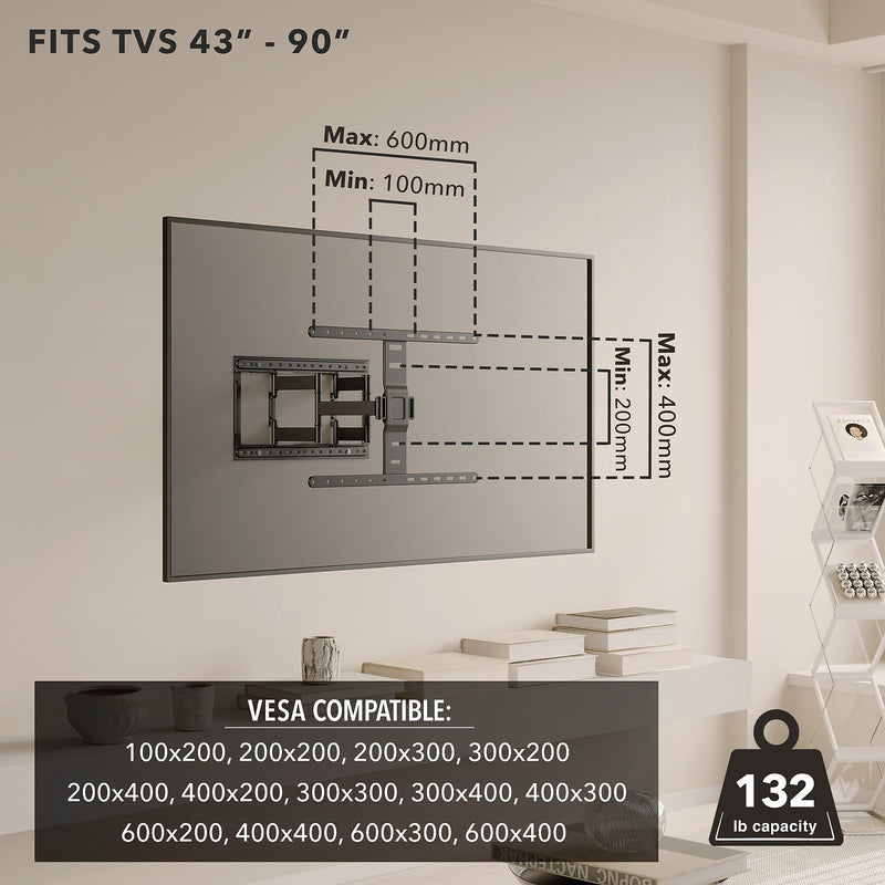 Mount-It! ADA Compliant Full Motion TV Wall Mount With Ultra-Slim Profile For 43" to 90" Screens,130 lbs. Max. (MI-309)