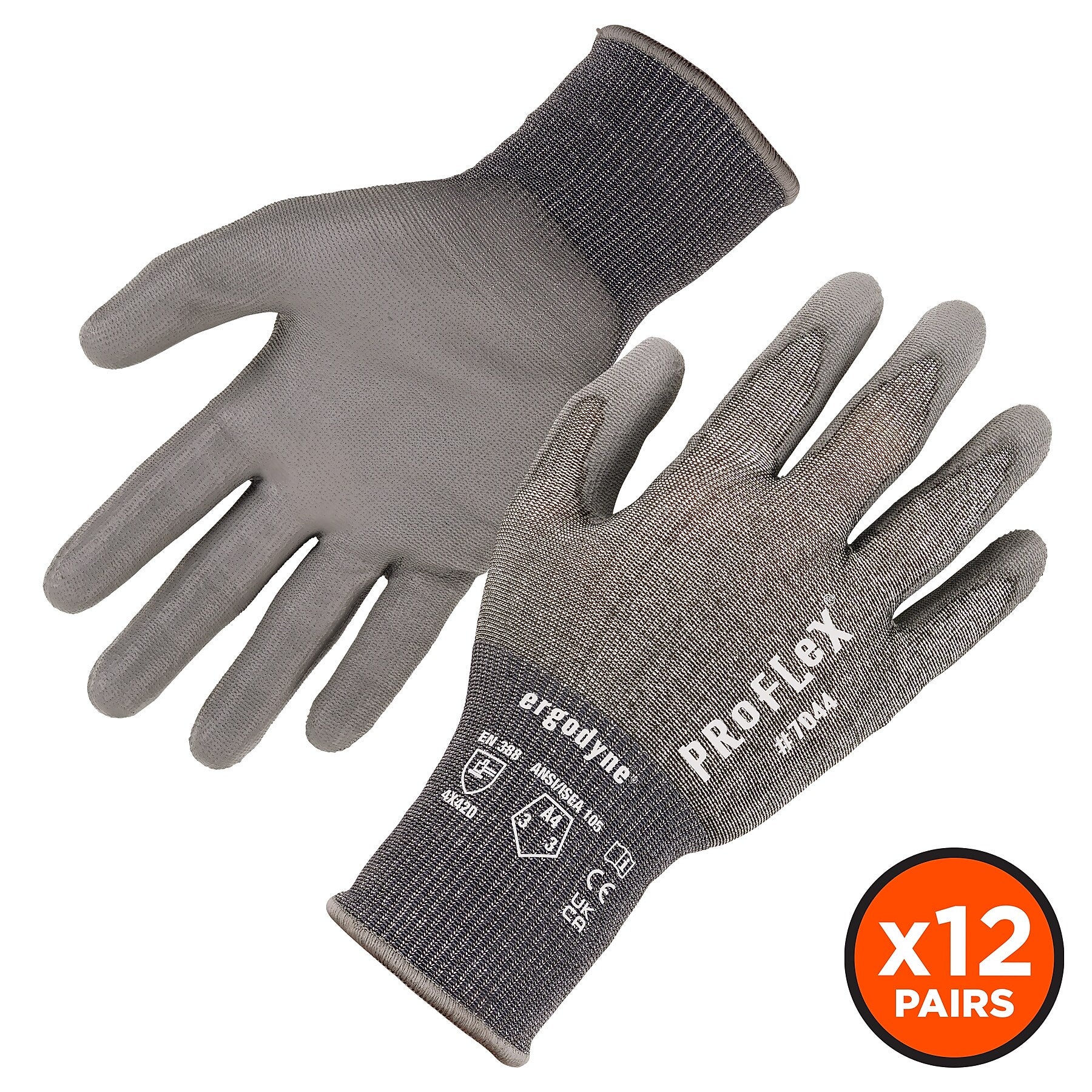 Ergodyne ProFlex 7044 PU Coated Cut-Resistant Gloves, ANSI A4, Gray, Medium, 12 Pair (10483)