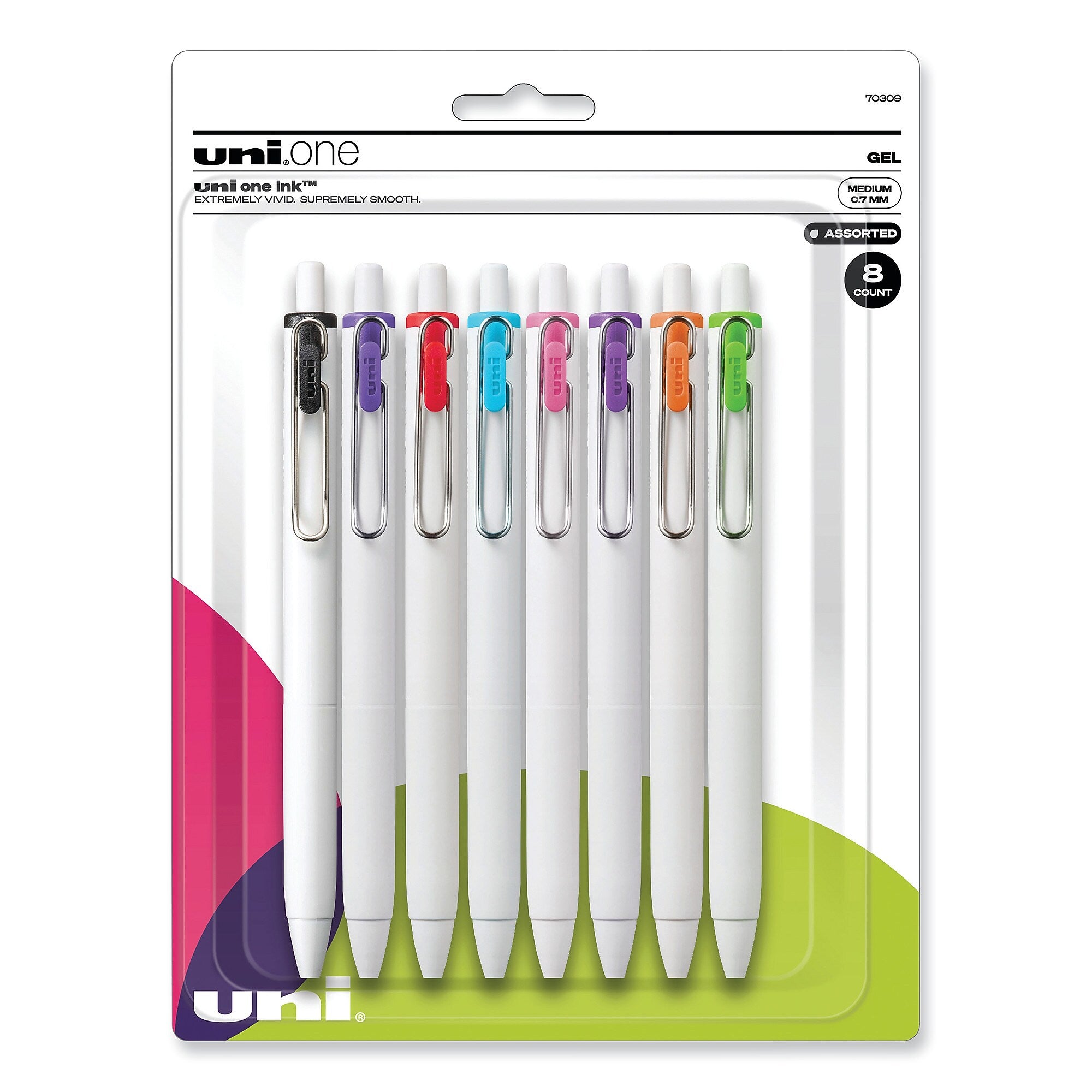 uni-ball uniONE Retractable Gel Pen, Medium Point, 0.7 mm, Assorted Ink, 8/Pack (UBC70309)