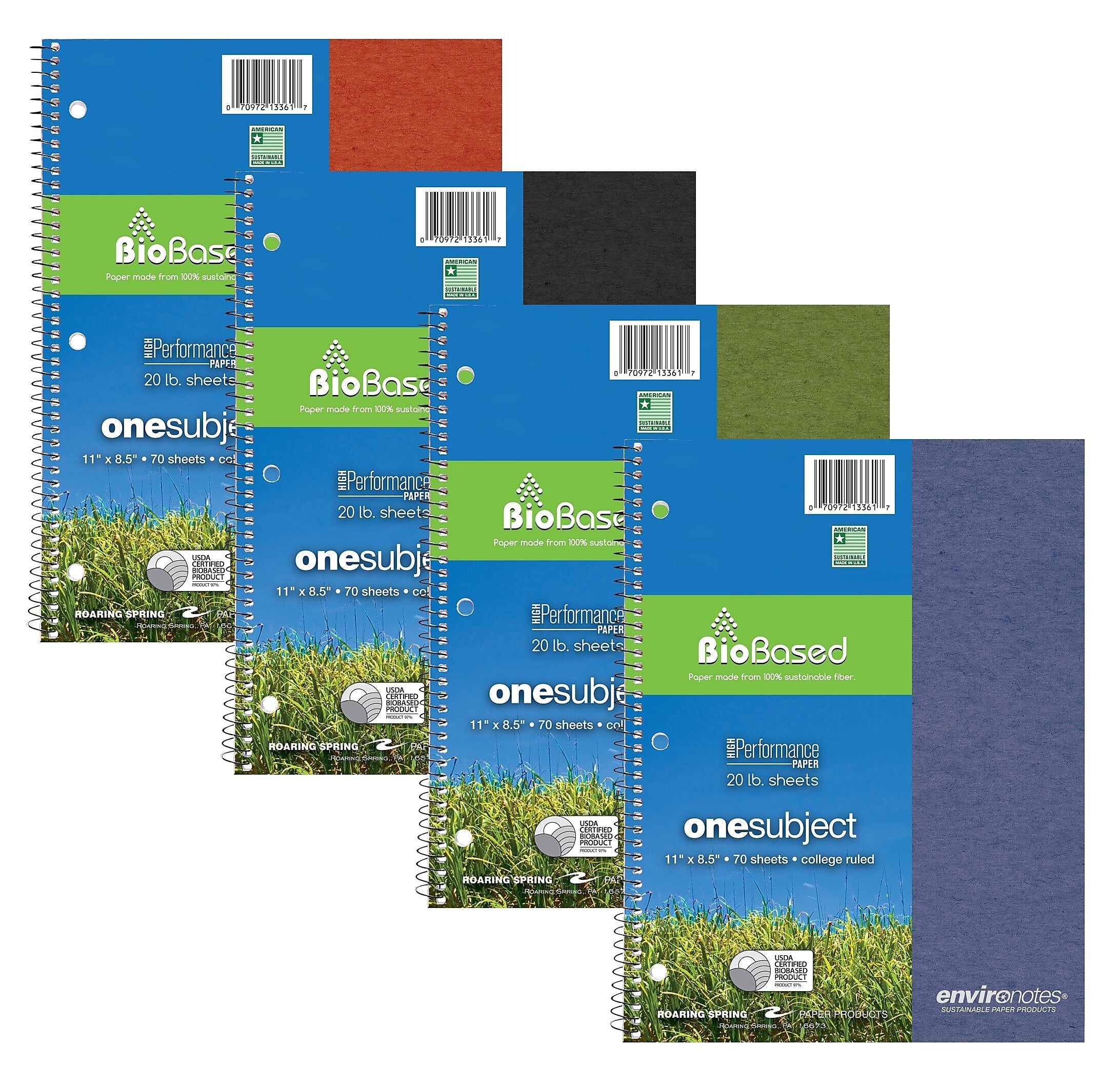 Roaring Spring Paper Products BioBased 1-Subject Notebooks, 8.5" x 11", College Ruled, 70 Sheets, Each (13361)