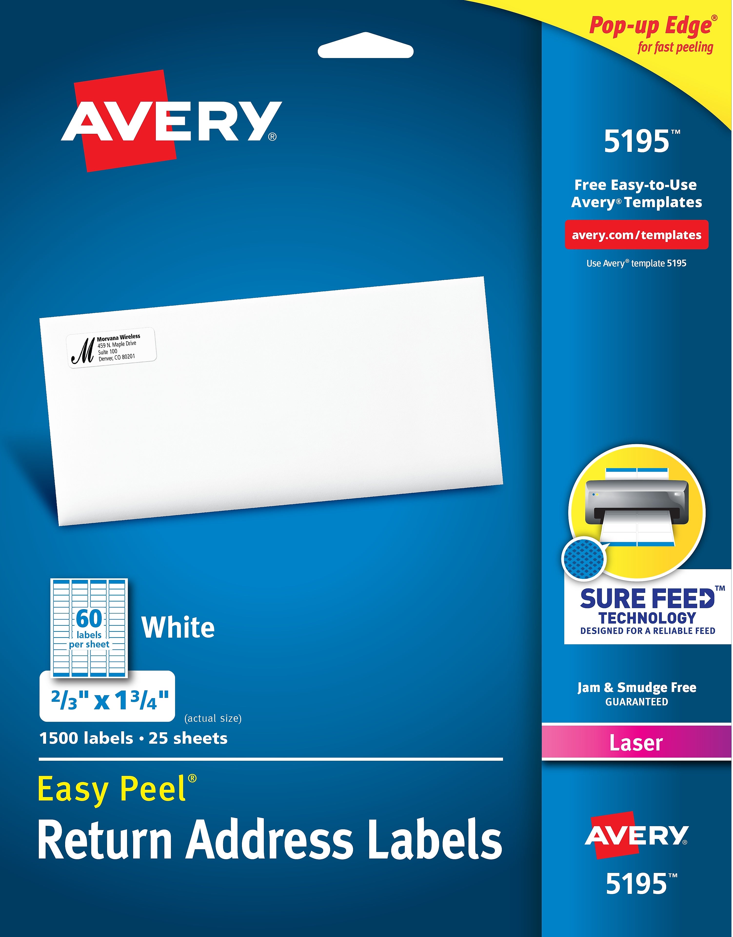 Avery Easy Peel Laser Return Address Labels, 2/3" x 1 3/4", White, 1,500 Labels/Pack (5195)