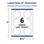 Avery Laser/Inkjet Round Multipurpose Labels, 3" Dia., 150 Labels/Pack  (94513)