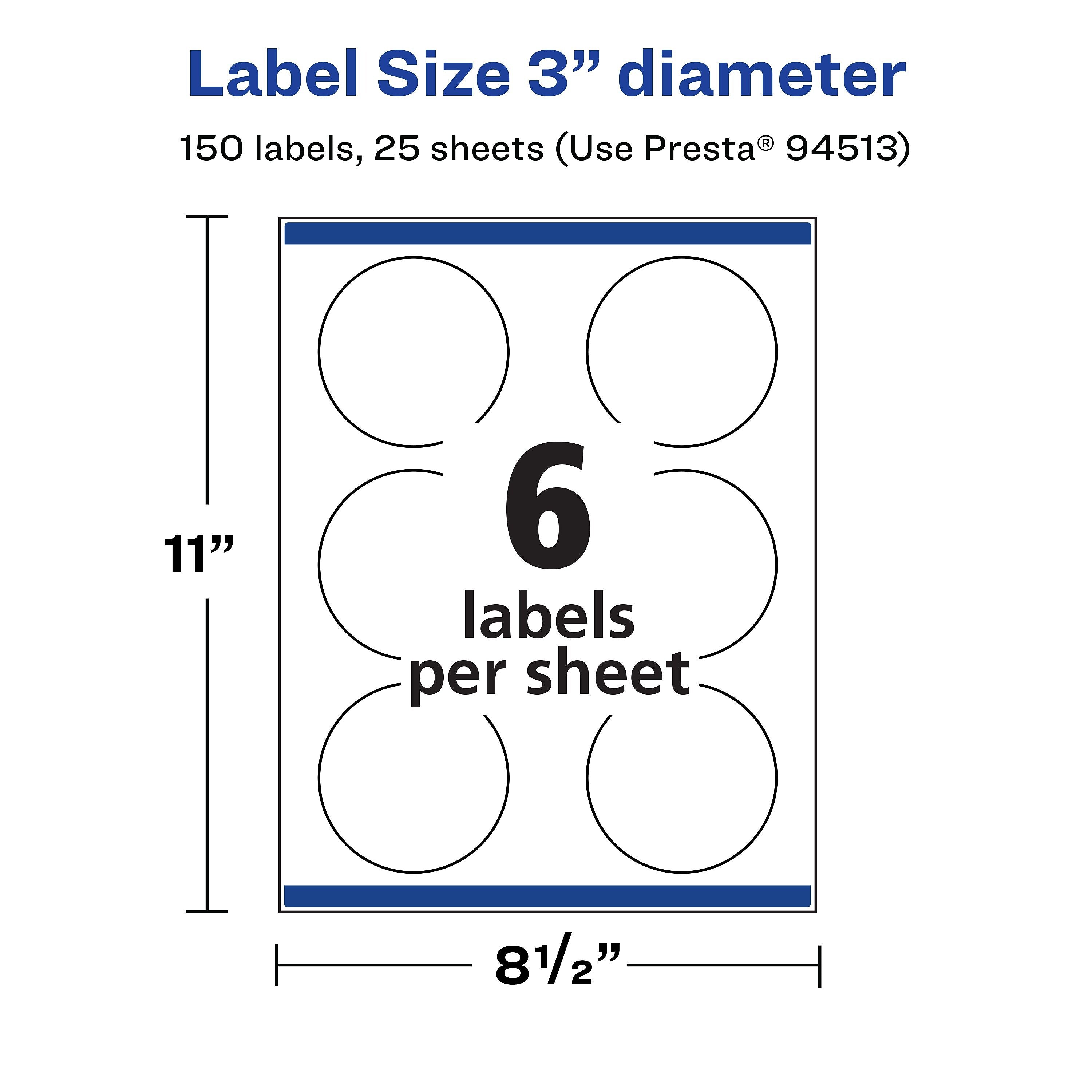 Avery Laser/Inkjet Round Multipurpose Labels, 3" Dia., 150 Labels/Pack  (94513)