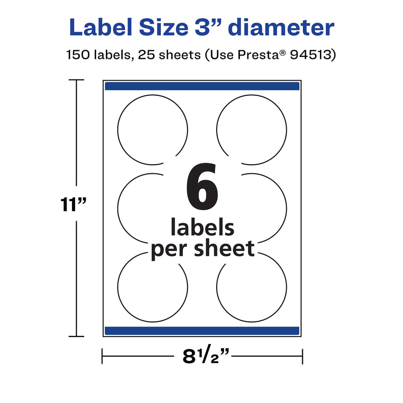 Avery Laser/Inkjet Round Multipurpose Labels, 3" Dia., 150 Labels/Pack  (94513)