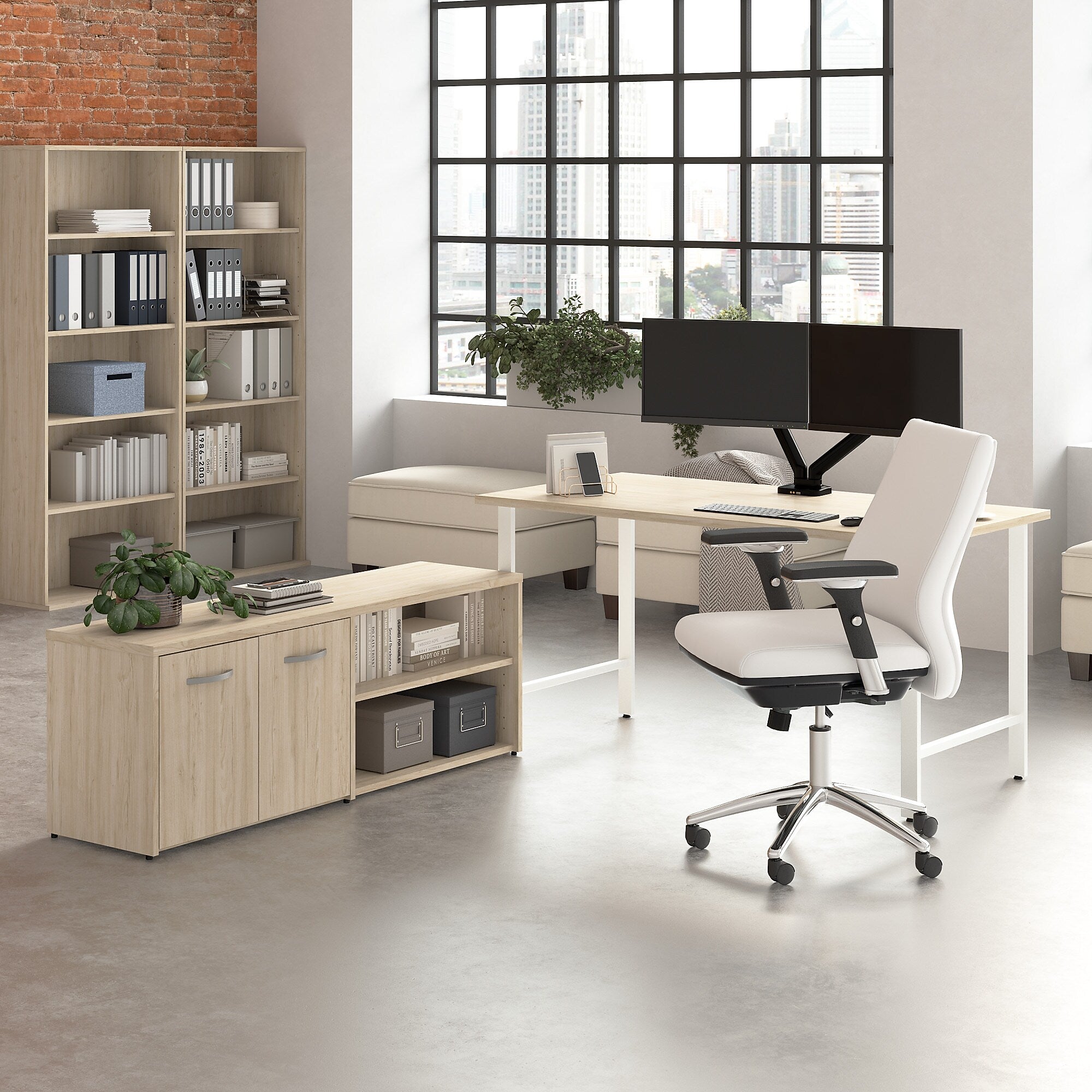 Bush Business Furniture Hustle 60"W Computer Desk and Low Storage Cabinet with Doors and Shelves, Natural Elm (HUS011NE)