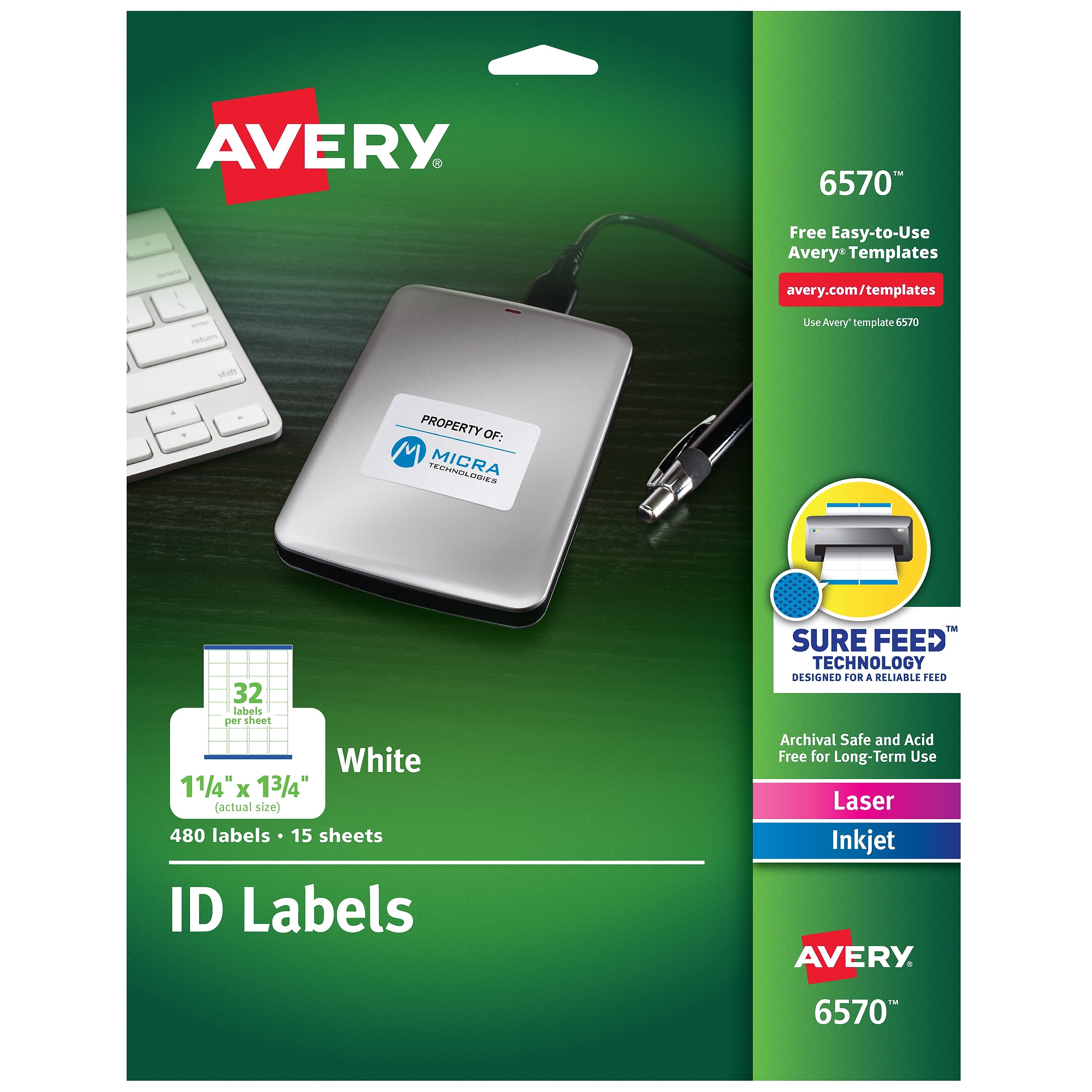 Avery Sure Feed Laser/Inkjet Identification Labels, 1 1/4" x 1 3/4", White, 15 Label Sheets/Pack (6570)