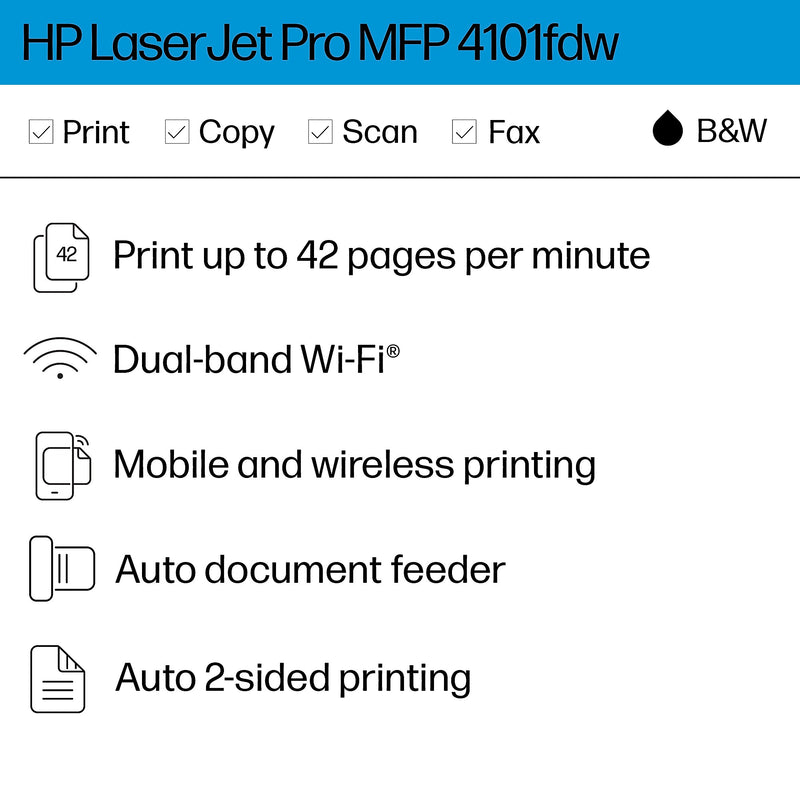 HP LaserJet Pro MFP 4101fdw Wireless Black & White Laser Printer, All-In-One, Print, Scan, Copy, Fax, Best for Office (2Z619F)