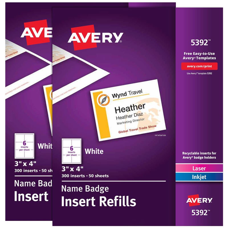 Avery Customizable Name Badge Insert Refills, 3" x 4", White, 600/Pack(35392)