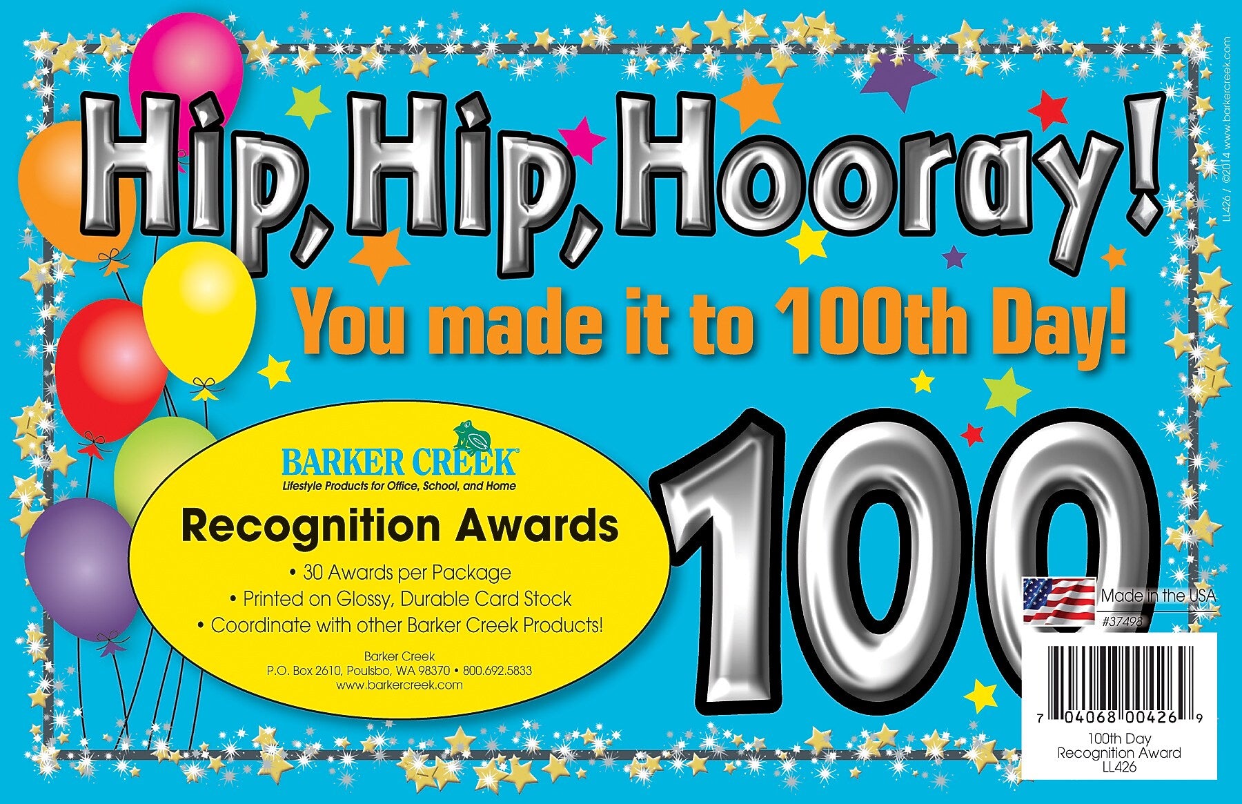 Barker Creek 100th Day Recognition Awards, 8.5" x 5.5”, Multicolored, 30/Pack (LL426)