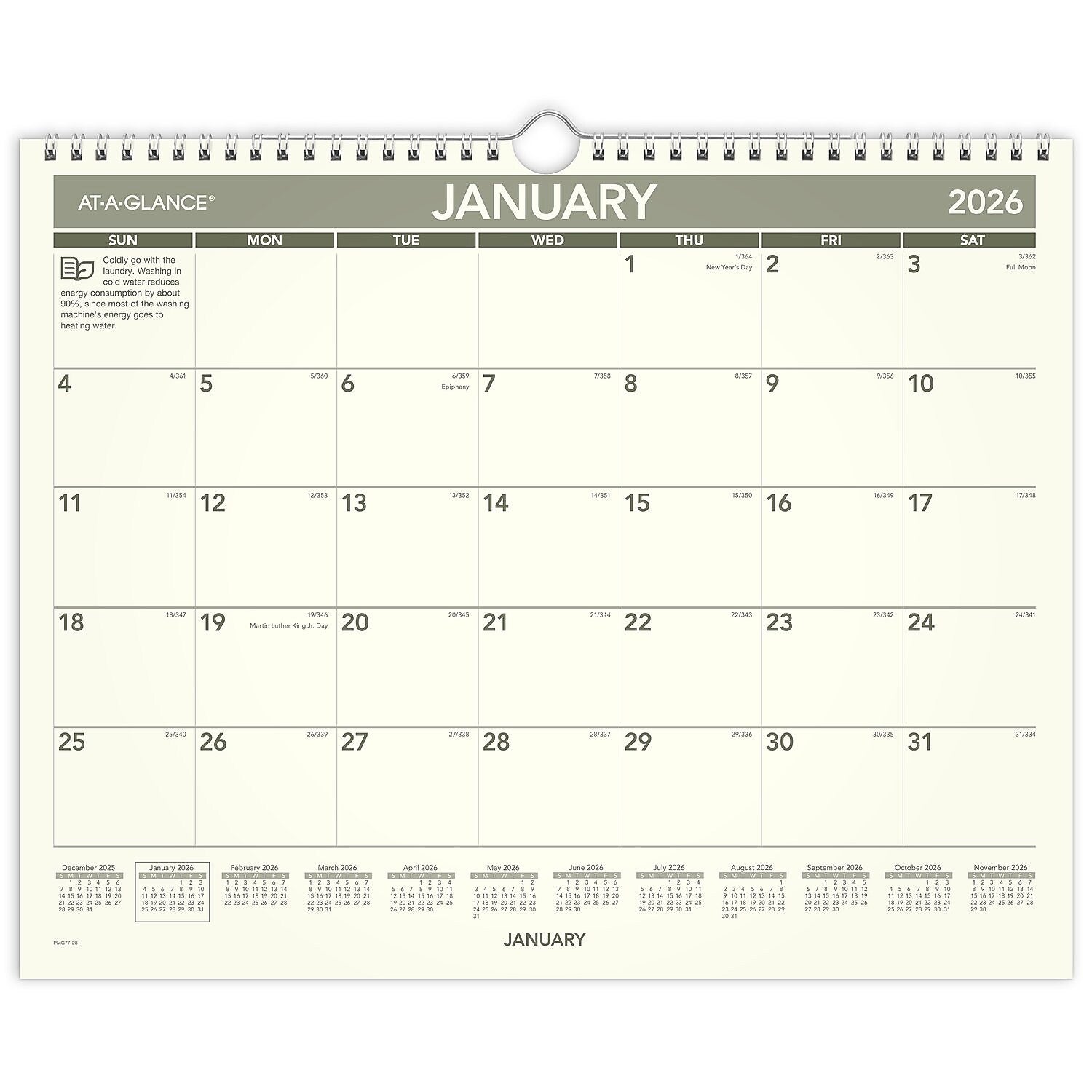 2026 AT-A-GLANCE Recycled 15" x 12" Monthly Wall Calendar, Green/Black (PMG77-28-26)
