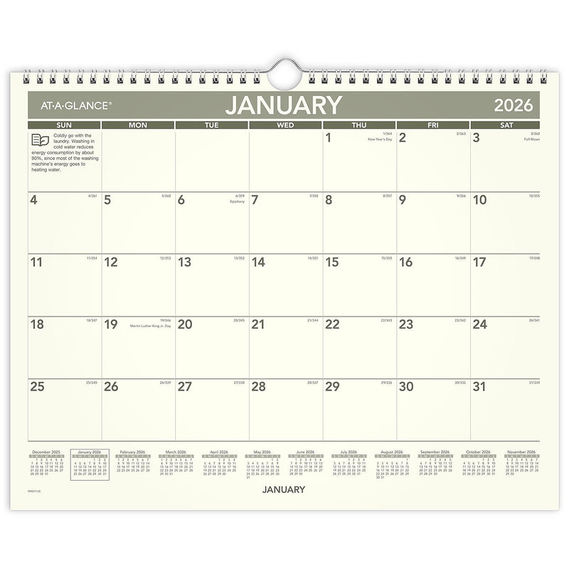 2026 AT-A-GLANCE Recycled 15" x 12" Monthly Wall Calendar, Green/Black (PMG77-28-26)