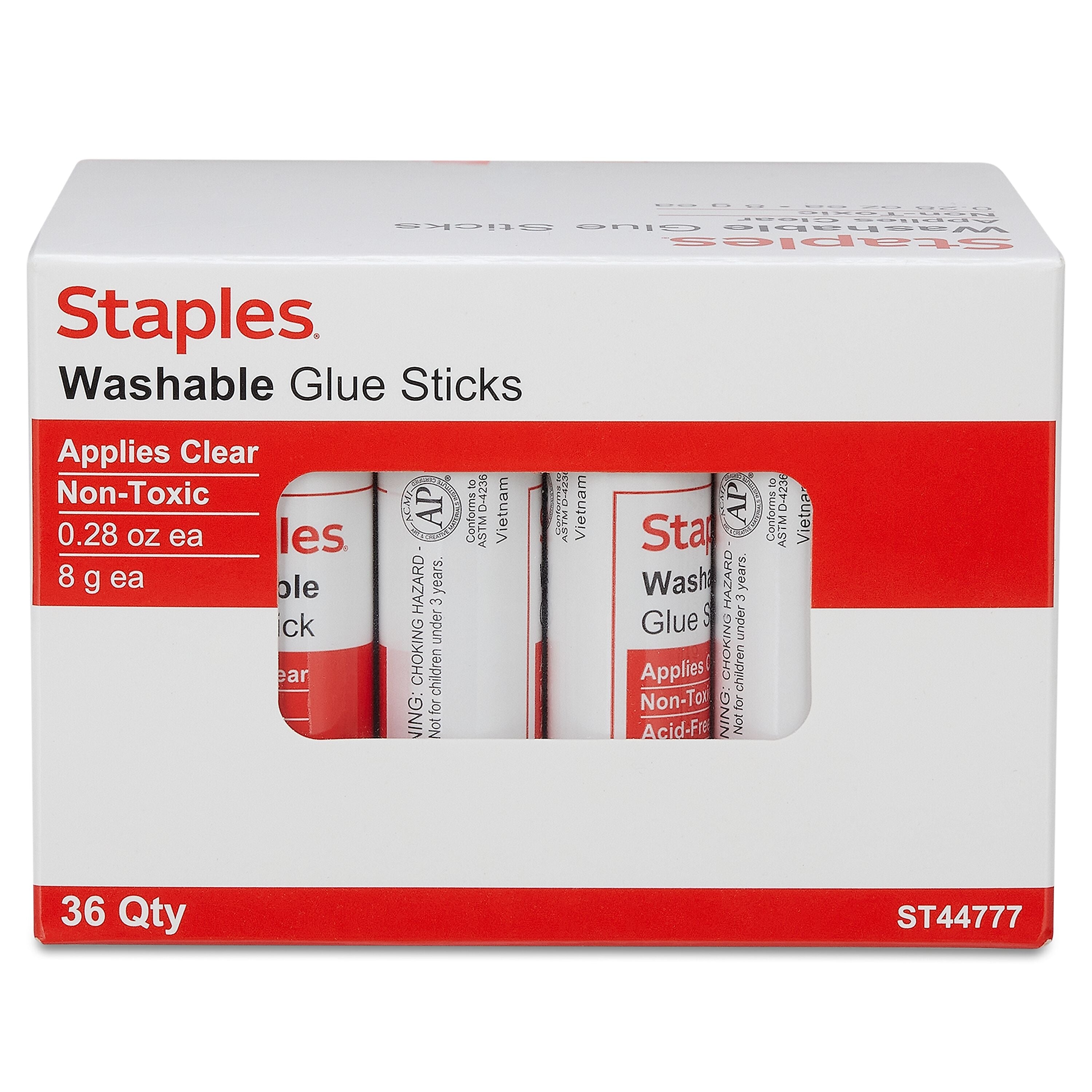 Staples® Washable Glue Sticks, 0.28 oz., Clear, 36/Pack (ST44777)